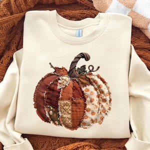 Retro höstpatchworkpumpa PNG, fauxbroderad höst PNG, Thanksgiving och Halloween PNG, mysig höstsäsong (digital nedladdning)