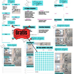 Könnte beinhalten: Ein Reinigungsplan mit dem Wort "Gratis" in einer roten Seifenblase. Der Plan enthält tägliche, wöchentliche und monatliche Aufgaben mit Abschnitten für Morgen- und Abendroutinen. Der Text "100 TAGE AUSMIST-CHALLENGE" ist ebenfalls sichtbar.