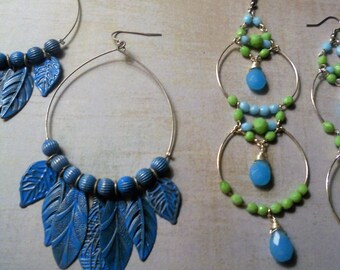 Three Fantastic Pairs of Hoops in Blues Greens Turquoise in Glass Shell and Metal