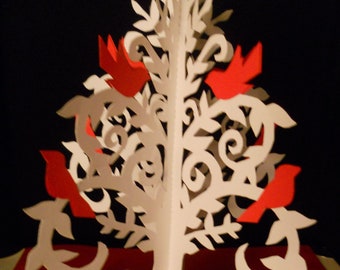 Scherenschnitte Winter White Tree Paper Cutting  with Red Birds - Wonderful 3D Display or Gift for A Love