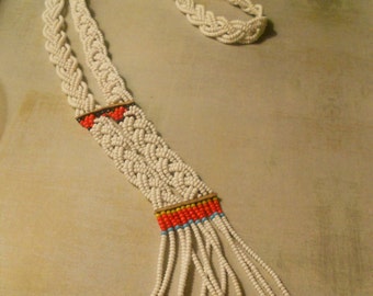 Masaii Wedding Necklace - Braided White Seed Beads with Red Black and Blue Accents