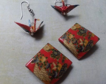 Origami Crane and Eastern Asia Style Earring Set ~ Coordinated Set of Sweet Earrings