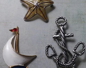 Sailing Ocean Pin Brooches ~ Set of 3 Sailboat and JJ Jonette Anchor and Unique Starfish