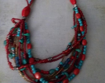 Turquoise Red 6-Strand Necklace and Butterfly Bracelet ~ Beautiful Mullti Stone Beaded Necklace with Silvertone Turquoise Bracelet