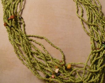 Pistachio Green Seed Bead Necklace with Stone Chips ~ Long, Colorful and Beautiful