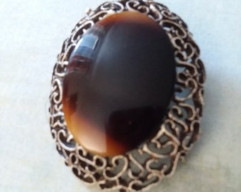 Tigers Eye Filligree Pendant and Brooch ~ Beautiful Vintage Tigers Eye with Filigree Base in Victorian Style