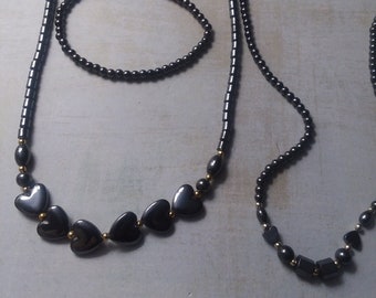 Hematite Healing Bead Necklaces ~ Pair of Beautiful Necklaces and Bracelet with row of Hearts and row of Geometric shapes.