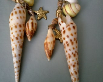 Seashell Statement Earrings ~ Marlin Spike and Cut Tibia and Mitra Shell in Dramatic Style with Gold tone Starfish and Shell Charms