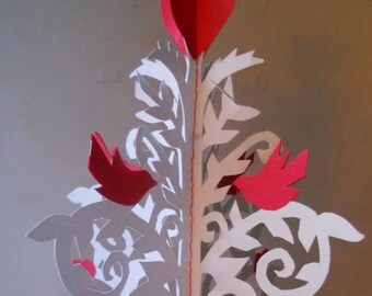 Valentine Tree Scherenschnitte Papercutting with Red Hearts and Red Birds