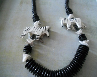 Zebra Wooden Necklace with Shells and Round Disc Beads ~ Great for Parties and Zoo Visits