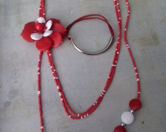 Red Valentine Flower Beaded Necklace and Leather and Metal Bracelet