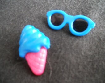 Summertime Vintage Blue Sunglass and Blue and Pink Ice Cream Cone Brooch Pins - Set of 2