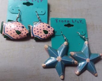 Tiger Lily Starfish and Fish Earrings ~ 2 Pairs New Old Stock Indonesian Hand Painted Earrings