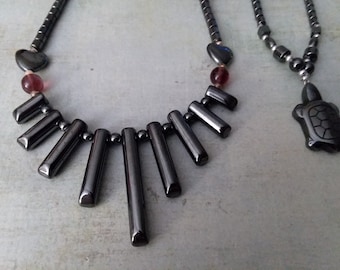 Hematite Healing Bead Necklaces ~ Pair of Beautiful Necklaces with Turtle and Cylinder Pendants