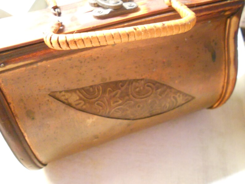Vintage Wood Purse With Embossed Metal Panels Made of Tobocco Wood With