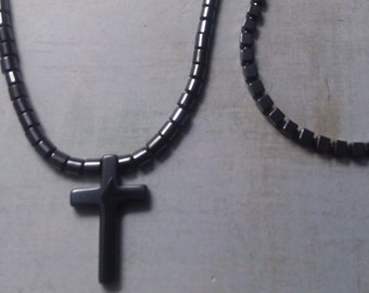 Hematite Healing Bead Necklaces ~ Pair of Beautiful Necklaces ~ One with Cross Pendant ~ Square Beads