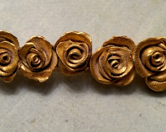 Kate Hines Rose Brooch ~ Row of Beautiful Roses in Matte Gold Metal