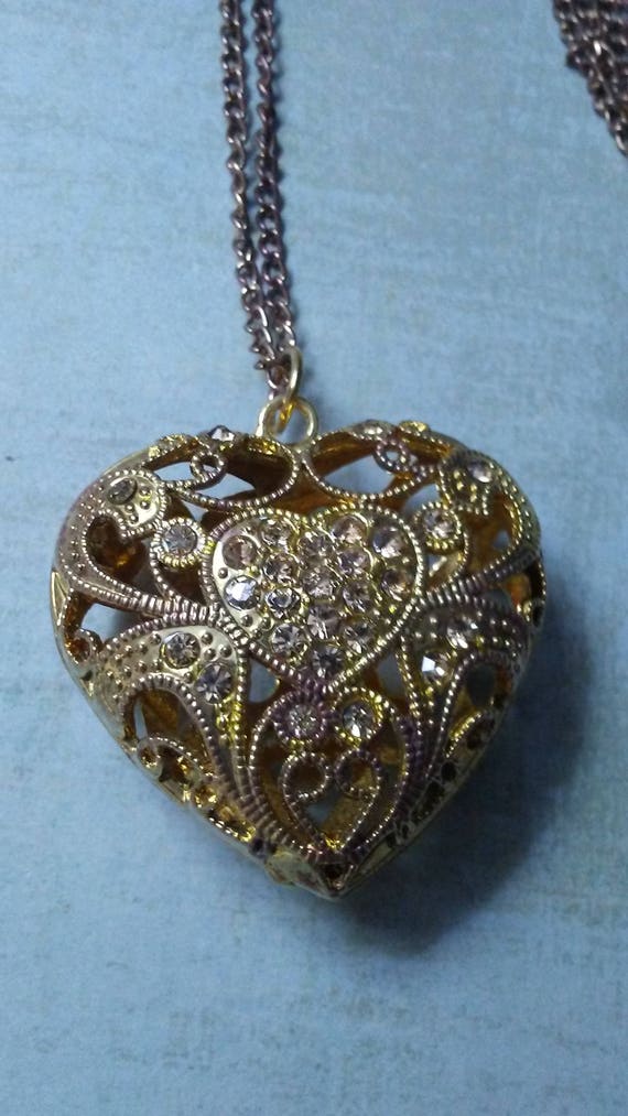 Heart Pendant Gold Tone with Rhinestones and Filig