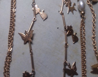 3 Necklaces with Flat Puppy and Chick and Butterfly and Mouse and Butterfly Stampings and Glass Pearls and Double Chains