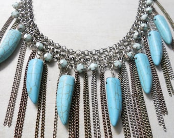 Turquoise Beads on Beautiful Bib Necklace with Carbochons, Steel and Copper Chains on Wire Mesh Chains