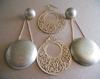 Vintage 80s Earrings - Marvelous Matte Gold - Filigree and Hanging Circles - Two Pairs for the Chic