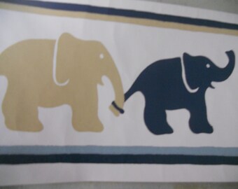 Thibaut Wallpaper Border ~ Vintage Elephants in Blues Tan and White