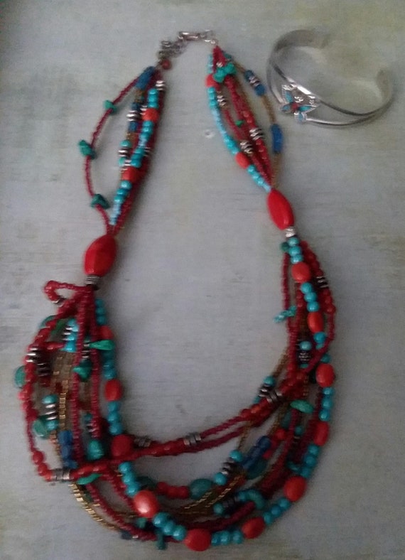 Turquoise Red 6-Strand Necklace and Butterfly Brac