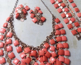 Parure Set Orange Faceted Square Beads ~ Beautiful Suite of Necklace and Bracelet and Earrings