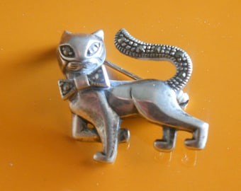 Kat Broche - Vintage Sterling Zilver en Marcasite Wandelen Siamese Kat Broche Pin