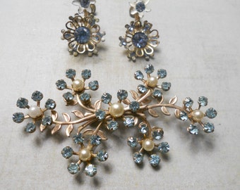 Art Nouveau Flower and Leaves Brooch with Blue Rhinestones Pearls and Gold Filled Leaves with Coordinating Earrings