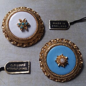 Brooches Enamel  ~ Pair of Beautiful Brooches ~ Cloisonne with Blue Enamel and White Enamel and Gold-Plate ~ Made in England