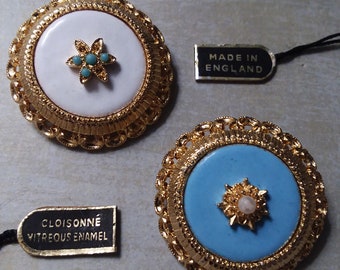 Brooches Enamel  ~ Pair of Beautiful Brooches ~ Cloisonne with Blue Enamel and White Enamel and Gold-Plate ~ Made in England