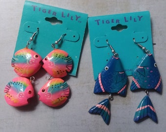 Tiger Lily Fish Earrings ~ 2 Pairs New Old Stock Indonesian Hand Painted Earrings