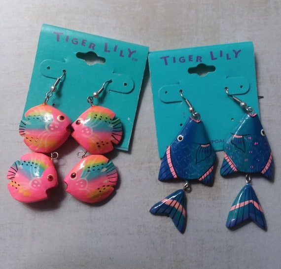 Tiger Lily Fish Earrings ~ 2 Pairs New Old Stock … - image 1