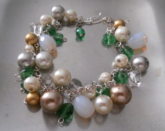 Wedding Bracelet ~ Green Glass Silver Gold Taupe Pearls with Vintage Milk  Glass White Beads  ~ Perfect for Bride and Bridesmaids Gifts
