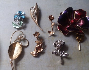 Flower Broch Collection Lot ~ Zes mooie pins en 1 haarclip in vele maten en kleuren