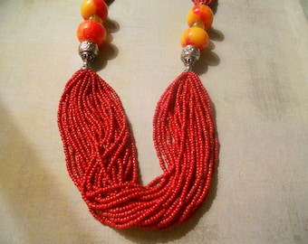 Red Multi-Strand Seed Bead Necklace with Orange and Gold and Silver - Beautiful for Summer Weddings and Parties