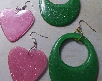 Vintage Acrylic Earrings Lot ~ Sparkle Pink Hearts and Sparkle Green Ovals ~ from the 1950s and Amazing