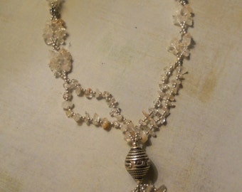 Glass and Sterling Y Beaded Necklace - 2 Strand Beaded with Glass Chips and Sterling Beads and Pendant and Beaded Tassel