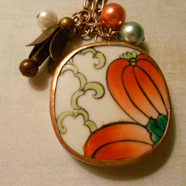 Beautiful Pumpkin Shard in Copper Trim with Vintage Metal Flower Bead and Pearls  Beautiful Combination of Elements for Autumn