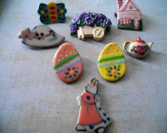 Easter Spring Brooch and Earring Collection ~ Egg Earrings and Bunny and Hat and Flower Cart and House and Butterfly and Tea Pot Pin Broochs