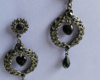 Valentine Heart Black Noir Earrings - Dark Silver with Black Glass Beads - Perfect with the Little Black Dress