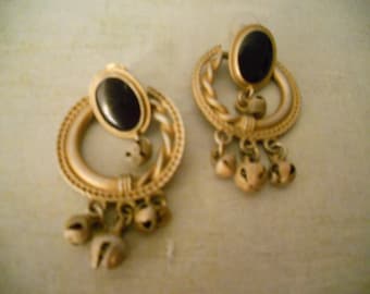 Antiqued Gold Door Knocker Earrings - Neoclassical Circle with Black Carbochon and Small Bells