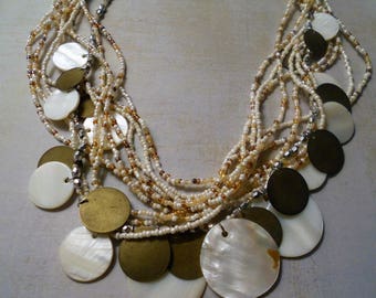 Mother-of-Pearl and Bronze Discs Necklace with Ten Strands White Ivory Clear and Brown Seed Beads ~ Perfect for Wedding Bride