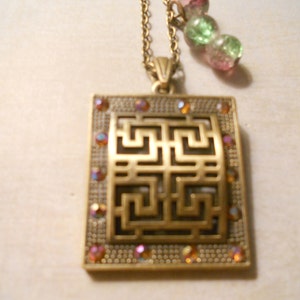 Geometric Asian Pendant with Irridescent Carbochons and Glass Marbled Beads ~ Rose Gold Necklace