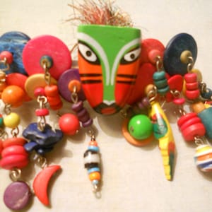 African Mask Barrette - Colorful Wild Mask with Many Discs and Beads and Birds Hair Clip