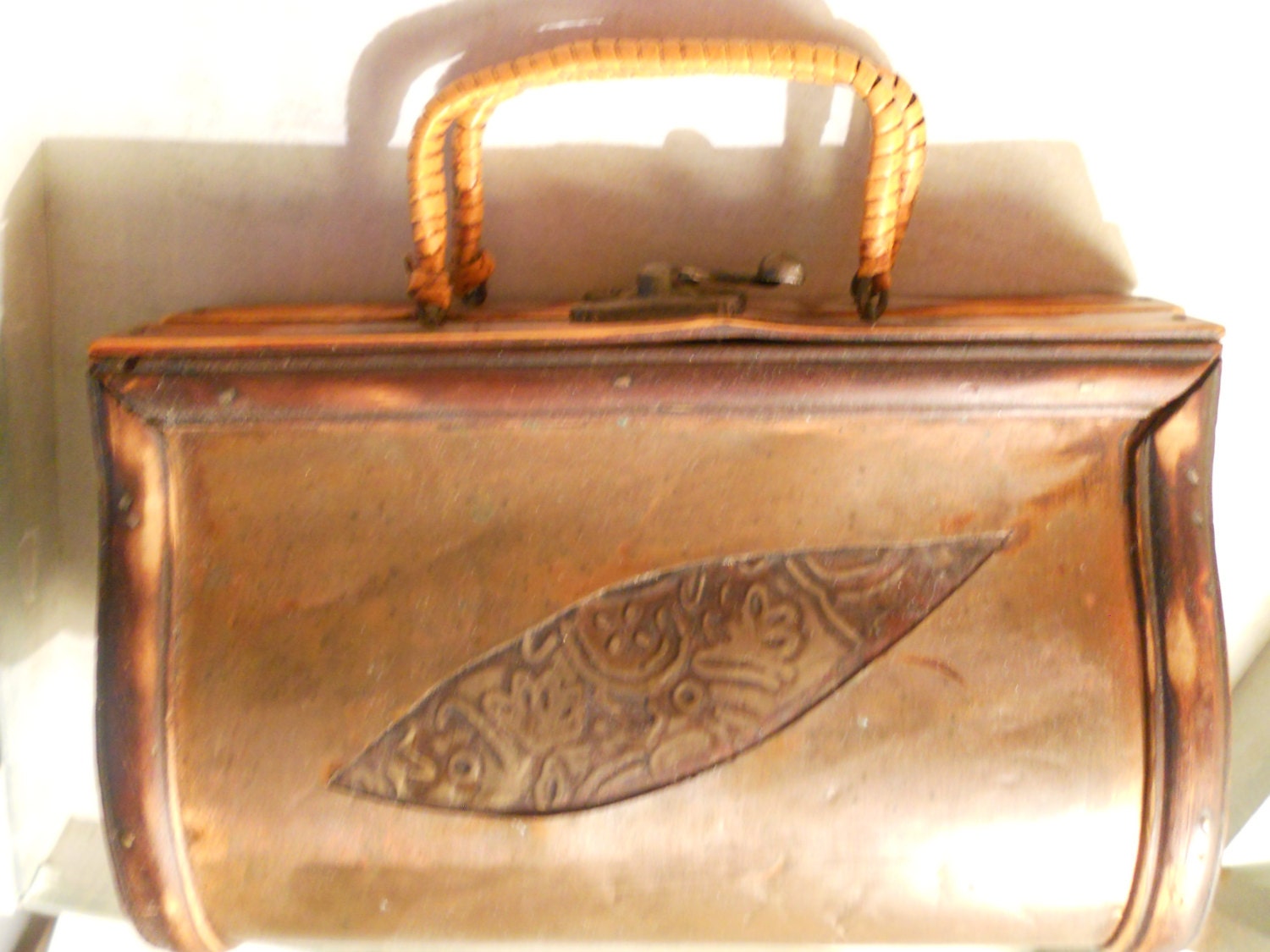 Vintage Wood Purse With Embossed Metal Panels Made of Tobocco Wood With