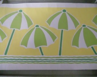 Thibaut Wallpaper Border ~ Vintage Beach Umbrella Border in Greens and Yellows