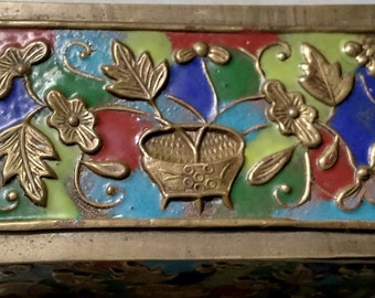 Vintage Chinese Cloisonne Stamp Box ~ Beautiful Royal Blue with Green and Rust Ginko Tree Flowers