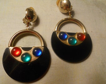 Purse Earrings - So Sweet and Retro 70's Black Acrylic with Jewel Cabochons and Gold tone Handle